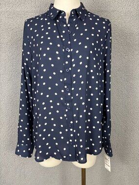 On 34th Women's Button-Front Crepe Polka Dot Shirt Blue/White Small New With Tag